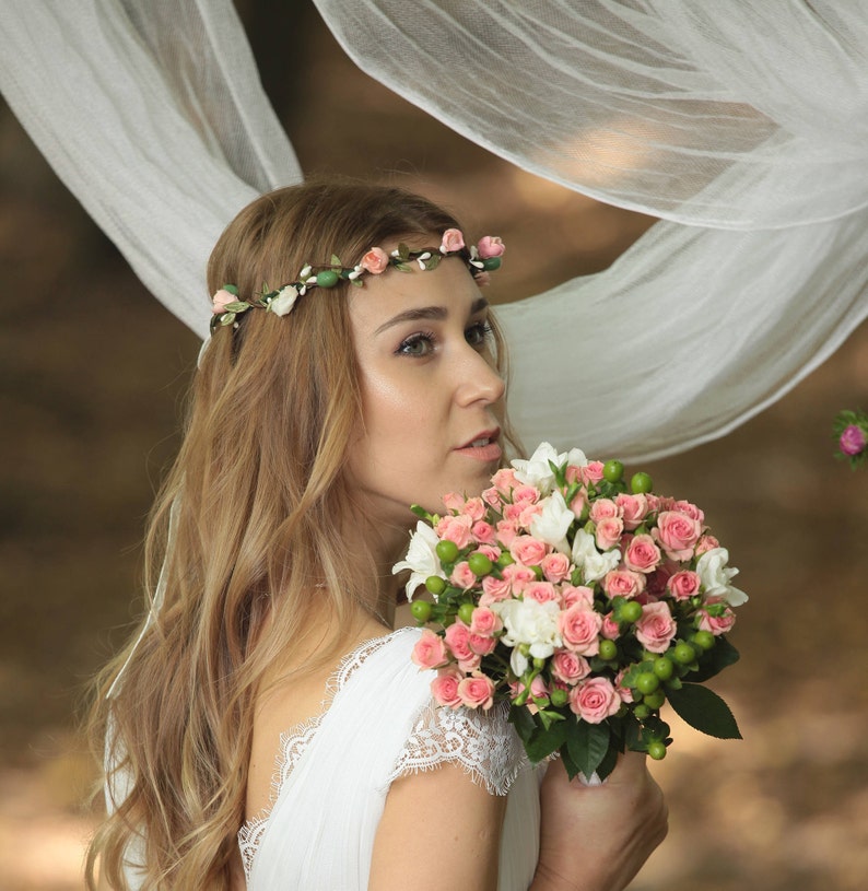 Pink Flower Crown \\Bridal Headpiece First Birthday Baby Girl Headband Elegant Spring Flower Crown Garden Wedding Bridesmaid Hair Piece