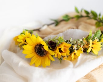 Woodland crown, Sunflower flower crown, Bridal flower crown, Wedding floral headpiece, Rustic flower crown, Toddler flower crown