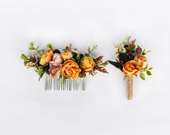 Boho flower accessories set, Boutonniere for men, Bridal flower comb, Wedding boutonniere, Orange hair comb, Grooms boutonniere
