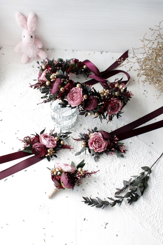Marsala Flower Crown, Bridal Flower Accessories, Bridesmaid  display picture 2