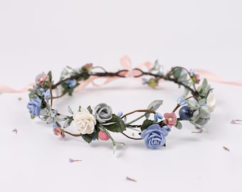 Casque floral bleu, bandeau bleu pâle, couronne de fleurs grises, couronne florale Boho, couronne de fleurs de demoiselle d'honneur