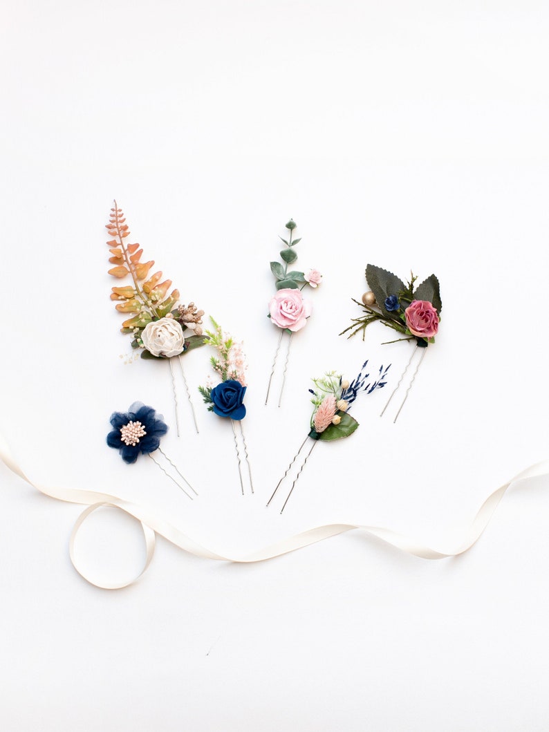 Navy Blue Flower Hair Pin Flower Hairpiece Bridesmaid Etsy