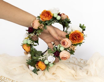 Orange flower crown, Bridal flower crown, Flower girl crown, Wedding floral headpiece, Toddler flower crown, Terracotta flower crown