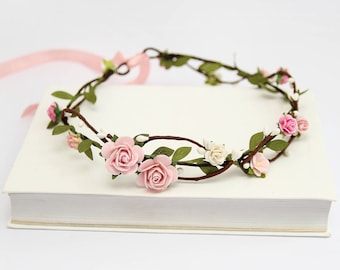 Blush Flower Crown, Pink Rose Headband Bridal Floral Crown Wedding Circlet Flower Hair Wreath Flower Crown Adult