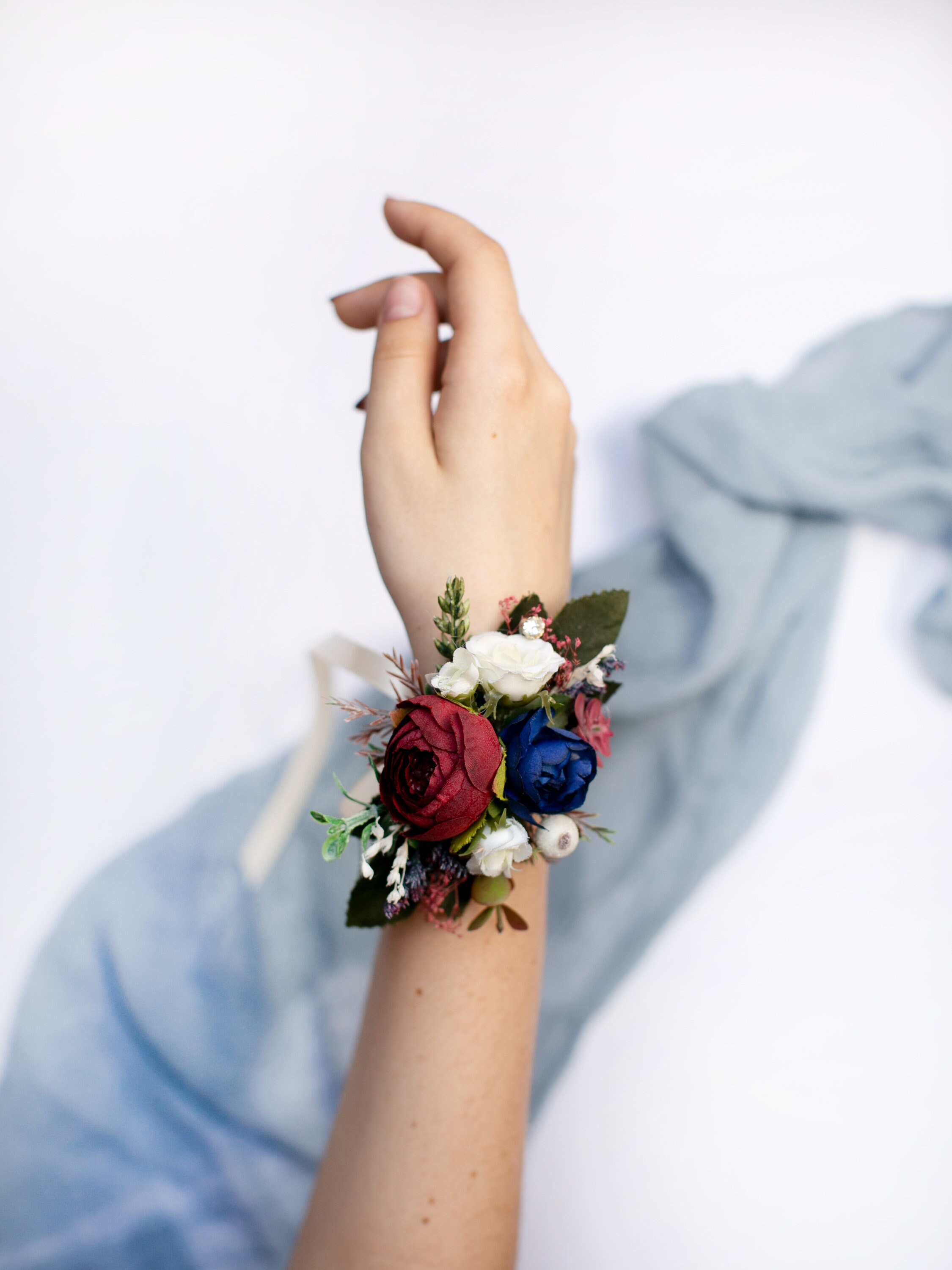 Navy blue floral corsage Bridesmaid wrist corsage Red flower Etsy