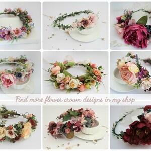 May include: Nine floral crowns with different flower arrangements. The crowns are made with silk flowers and greenery. The crowns are displayed on a white background.