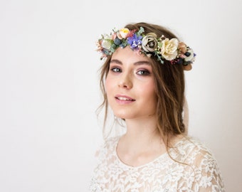 Boho corona di fiori, corona di fiori blu, copricapo di fiori grigi, corona di fiori da sposa, corona floreale di boschi, corona di verde