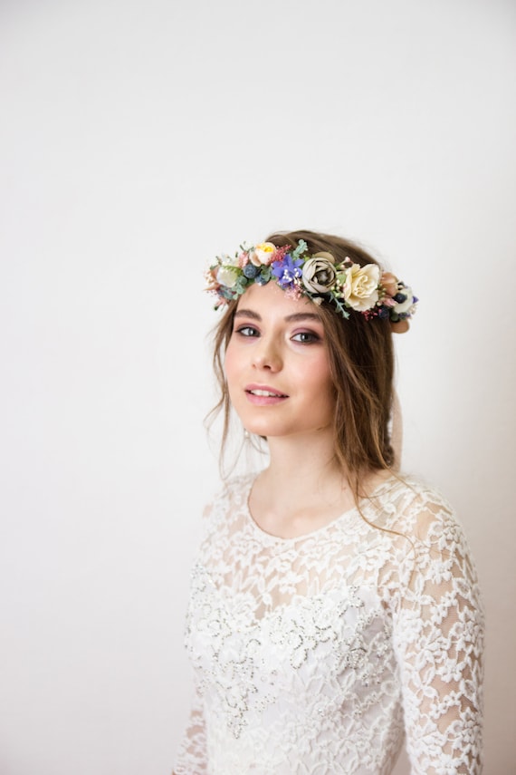 Boho flower crown, Blue flower crown, Grey Flower headpiece, Wedding Flower Crown, Woodland floral crown, Greenery crown, Flower head piece