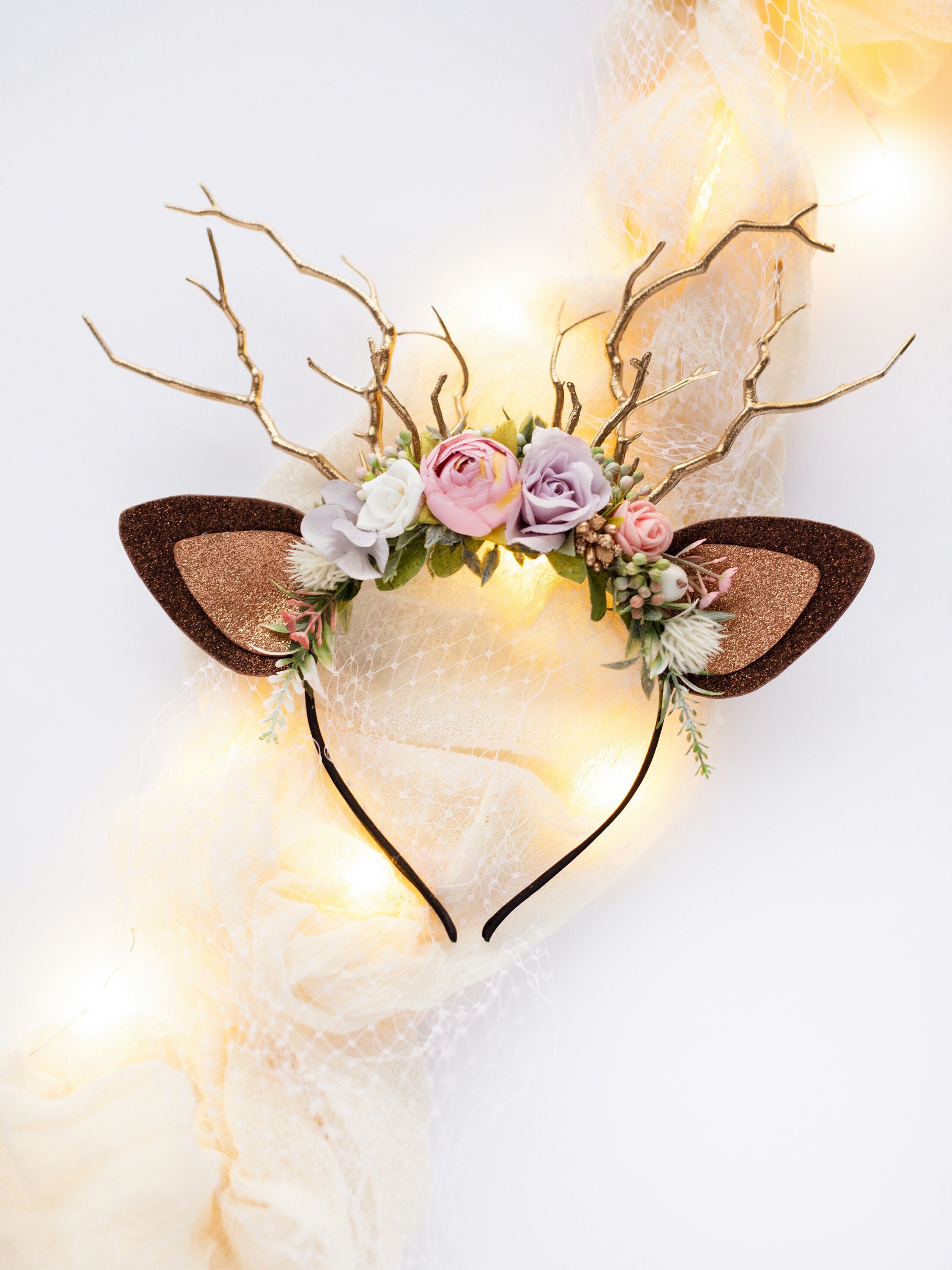 8034 Handmade Deer Ear Flower Antler Headband - Woodland Floral Reindeer Handmade Black Flower Antler Headband - Woodland Floral  main image 2