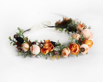 Bridal flower crown, Flower girl crown, Orange flower crown, Floral headpiece, Woodland crown, Terracotta flower crown, Flower crown wedding