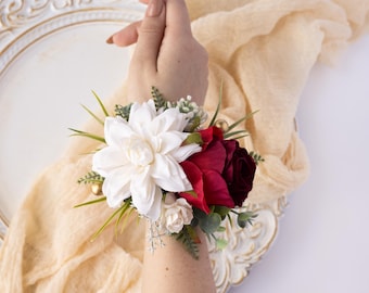 Prom corsage and boutonniere set with red and burgundy roses, wrist corsage bracelet and boutonniere for men, wedding flower accessories