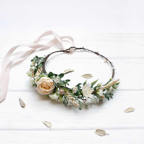 Beige flower hairpiece, Bridesmaid floral crown, Ivory wedding hairpiece, Flower girl crown, Pastel flower headpiece, Rustic wedding