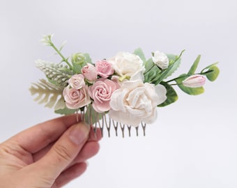 Pink flower comb, White floral comb, Bridesmaid headpiece, Pink bridal comb, Wedding Hair Comb, Bride Floral Accessories, Rustic hair comb