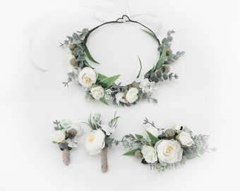 Korona eukaliptusowa, biała korona kwiatowa weselna, akcesoria do włosów z kwiatem leśnym, korona kwiatowa dla nowożeńców