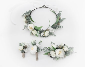 Eucalyptus crown, White wedding floral crown, Woodland flower Hair Accessory, Bridal flower crown, Flower hair comb, Ranunculus flower crown