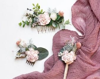 Pink flower comb, Wedding floral comb, Bridal flower comb, Bridesmaid flower comb, Grey flower comb, Boho flower comb, Wedding hair comb