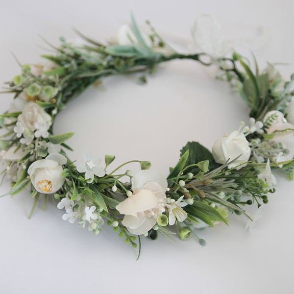 White wedding headband, Rustic head wreath, Wedding flower crown, Bridal flower halo, Green floral crown, Bridal Crown, Floral headband