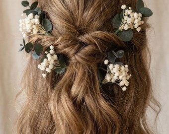 Baby's Breath Eucalyptus Wedding Set, Boho Bridal Crown, Bouquet, Boutonniere, Corsage
