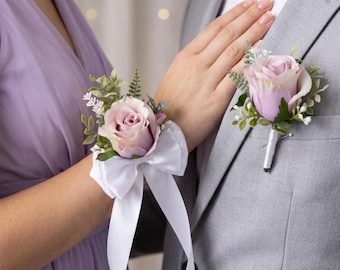 Lavender Corsage and Boutonniere Set, Prom Corsage, Wedding Boutonniere, Lavender Flower Set