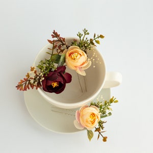 Épingles à cheveux fleur beige, pince à cheveux de mariée, épingles de mariage, épingles à cheveux rouge foncé, pinces à fleurs Bourgogne image 9