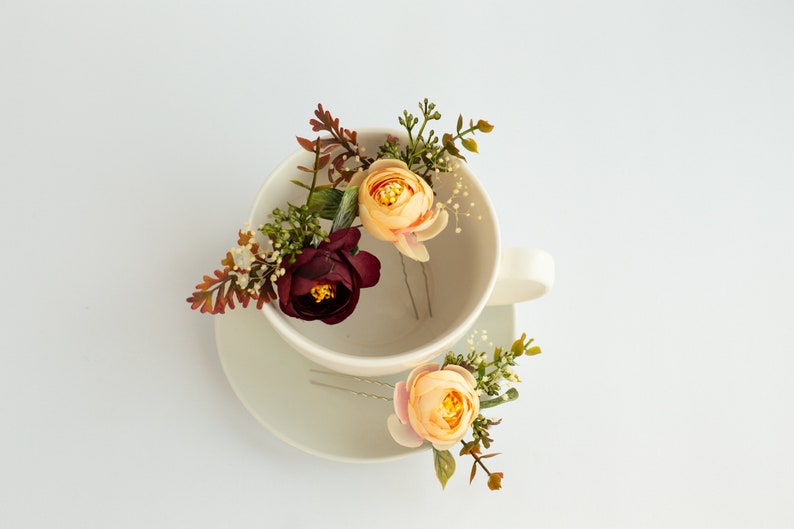 Épingles à cheveux fleur beige, pince à cheveux de mariée, épingles de mariage, épingles à cheveux rouge foncé, pinces à fleurs Bourgogne image 9