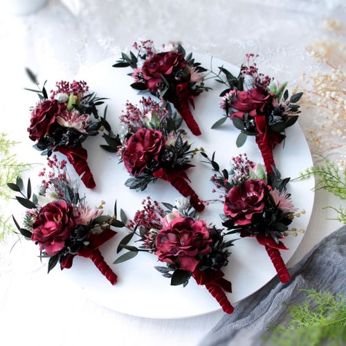 Flower Buttonhole Burgundy Boutonniere Groomsmen Buttonhole Etsy