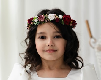 Christmas Flower Girl Crown and Belt Set – Winter Wedding Accessory, Burgundy Floral Headpiece, Holiday Gift for Girls