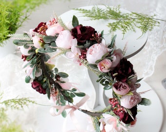 Boho wedding crown, Burgundy floral hairpiece, Bridesmaid flower headpiece, Pink floral crown, Bridal flower crown, Maroon headpiece