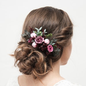 Purple floral comb, Burgundy hair comb, Rustic hair accessory, Wedding hair piece, Bride pink hair comb, Floral headpiece, Blush hair comb image 1