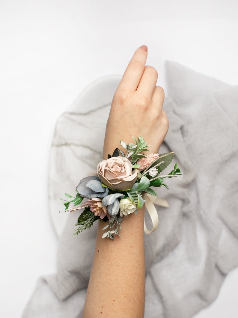 Bridal flower bracelet Gray wrist corsage Boho floral Etsy