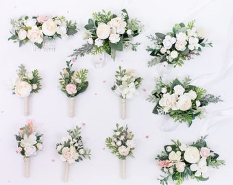 White floral accessories set, White wedding set of bridesmaid, Flower wrist corsage, Groom boutonniere, Flower hair comb, White flower crown