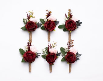 Groom&#39;s boutonniere, Burgundy flower buttonhole, Men&#39;s floral boutonniere, Marsala rustic buttonhole, Wedding accessory, Maroon buttonhole