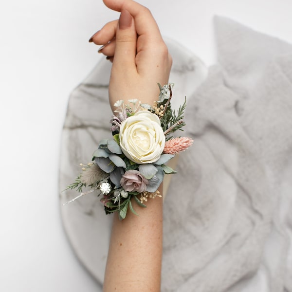 Corsage and boutonniere set,  Wrist Corsage Bracelet for Prom, Bridesmaid Flower Corsage, Groomsmen Boutonniere, Rustic Wedding Accessory