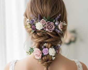 Winter Wedding Hair Pins, Christmas Gift for Bride Sister Girlfriend, Lavender Provence Hairpiece, Handmade Floral Bobby Pins Set