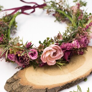 Purple flower crown, Boho floral crown, Lilac flower crown, Maternity crown, Dried flower halo, Bridal flower hairpiece Maroon flower crown image 2