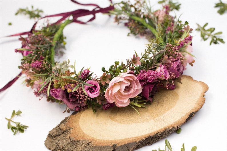 Purple flower crown, Boho floral crown, Lilac flower crown, Maternity crown, Dried flower halo, Bridal flower hairpiece Maroon flower crown image 2