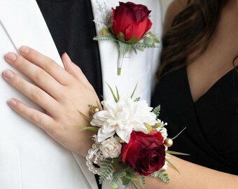 Red and White Prom Corsage and Boutonniere Set with Burgundy Roses, Pearl Wrist Corsage Bracelet for Wedding
