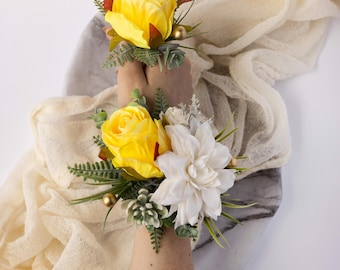 Yellow and White Corsage and Boutonniere Set for Prom or Boho Wedding, Wrist Corsage with Matching Boutonniere