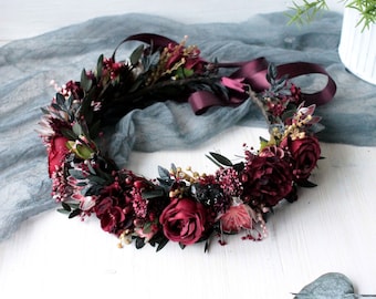 Burgundy flower crown, Burgundy flower girl headband, Boho flower crown, Toddler flower crown, Mauve flower headpiece, Custom crown
