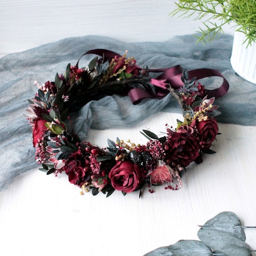 Burgundy Flower Crown Burgundy Flower Girl Headband Boho Etsy