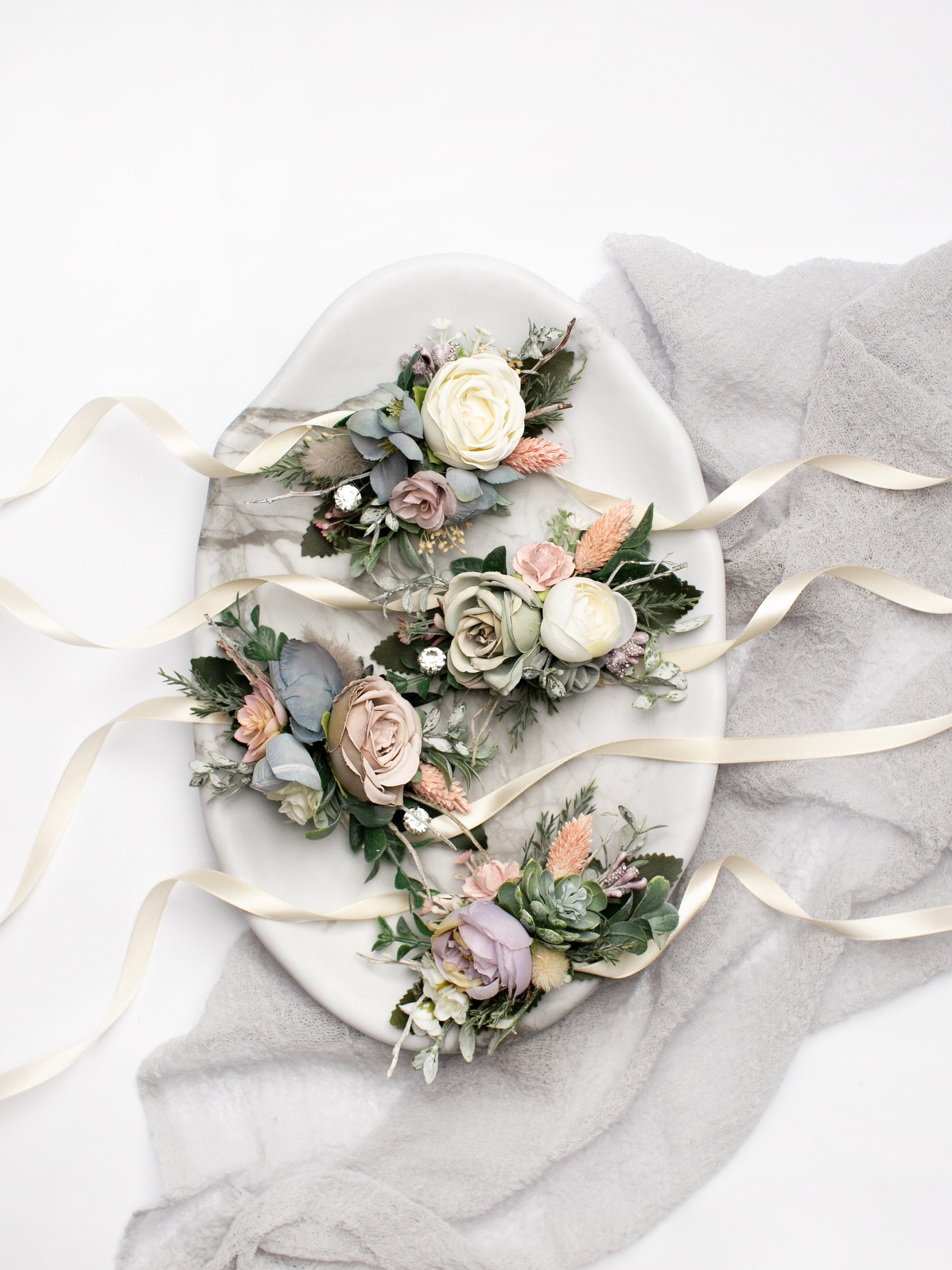 Monnalisa girls floral corsage bracelet headband wedding boho set Boho Bride Dried Flower Wrist Flower, Blush Dried Flower  main image 3