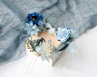 Épingles à cheveux fleur, épingle à cheveux fleur bleu marine, postiche de mariée, casque de mariage bleu, morceaux de cheveux de mariage