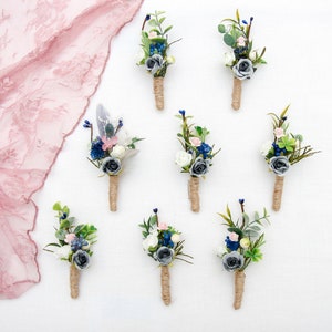 Granatowy boutonniere, zestaw Boutonniere, szara dziurka, akcesoria ślubne weselne, kwiatek Boho, buton pana młodego, dziurka męska