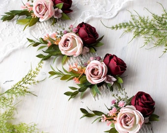 Burgundy flower comb, Bridesmaid headpiece, Pink floral hairpiece, Boho flower comb, Wedding accessory, Flower comb, Girl hair piece