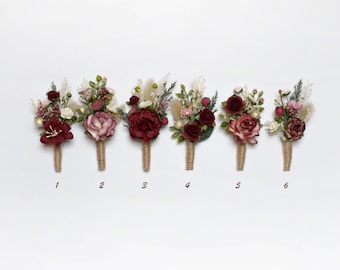 Men&#39;s floral boutonniere, Marsala flower buttonhole, Groom&#39;s boutonniere, Burgundy buttonhole set, Wedding accessories, Rustic wedding