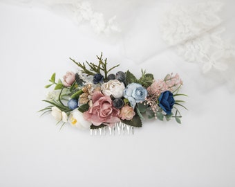 Blush pink floral comb, Mauve bridal hairpiece, Navy blue flower comb, Wedding hair comb, Ivory hair comb, Wedding hair flower accessories