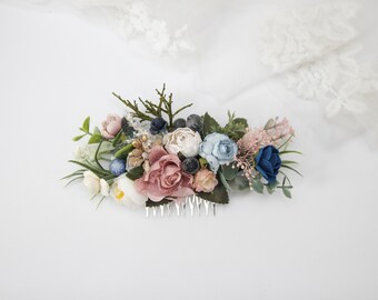 Blush pink floral comb, Mauve bridal hairpiece, Navy blue flower comb, Wedding hair comb, Ivory hair comb, Wedding hair flower accessories