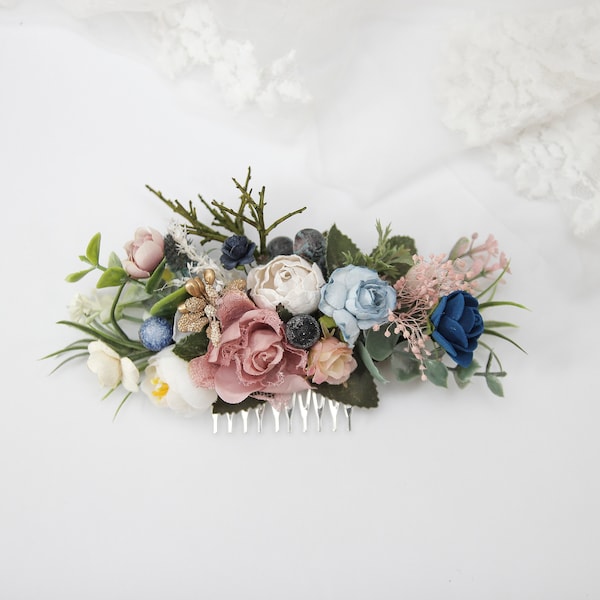 Blush pink floral comb, Mauve bridal hairpiece, Navy blue flower comb, Wedding hair comb, Ivory hair comb, Wedding hair flower accessories