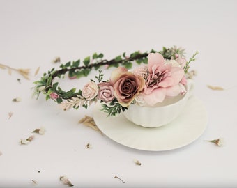 Dusty rose crown, Bridesmaid hairpiece, Floral crown, Bridal hair wreath, Bridal headband, Pale pink flower crown, Dusty rose crown
