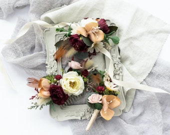 Prom accessories, Wedding flower boutonniere, Dried flower wrist corsage, Bridal hair comb, Groom boutonniere, Maroon wrist corsage